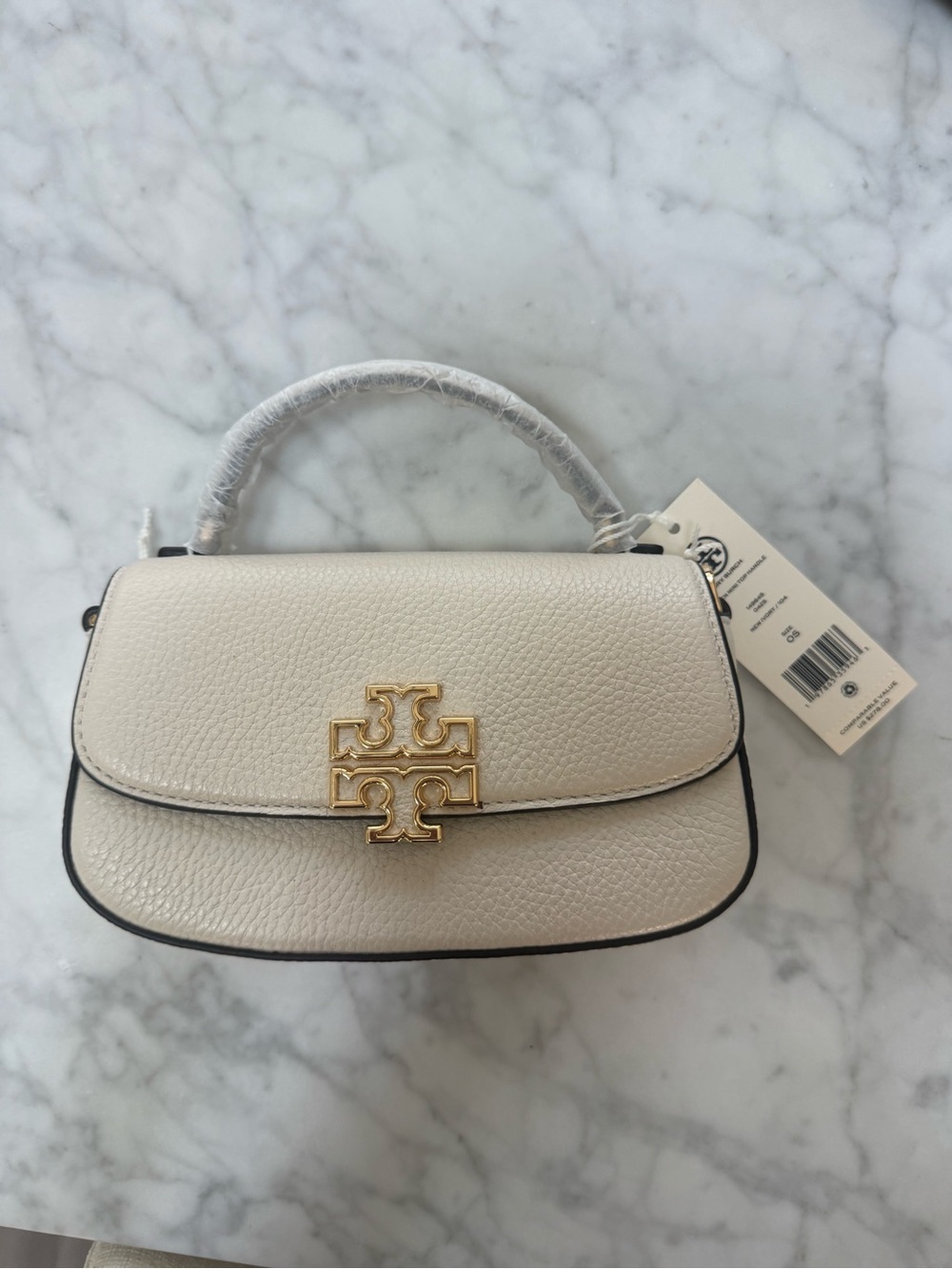 Tory Burch Britten Mini Pebbled Leather Top-Handle Crossbody Cream